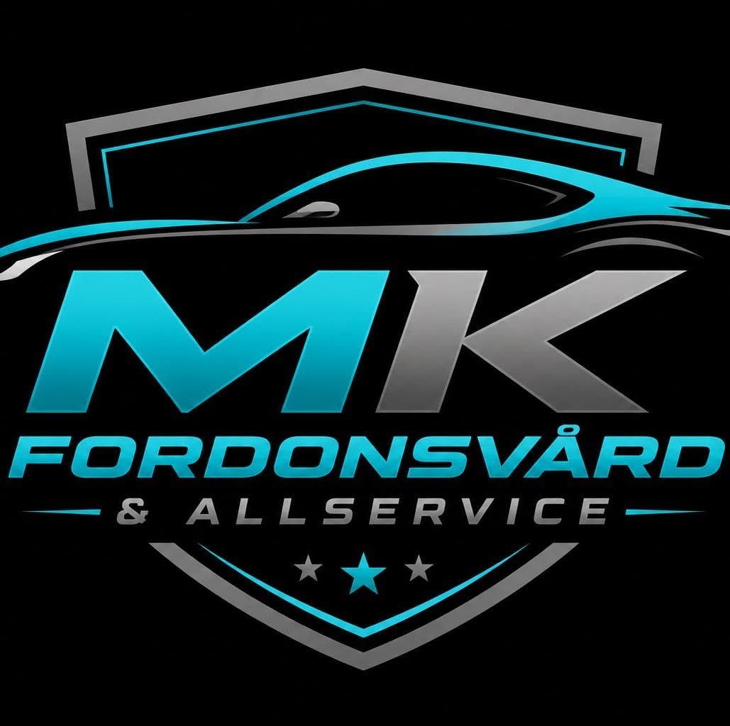 MK Fordonsvård & Allservice – logotyp med en turkos bil och silversköld